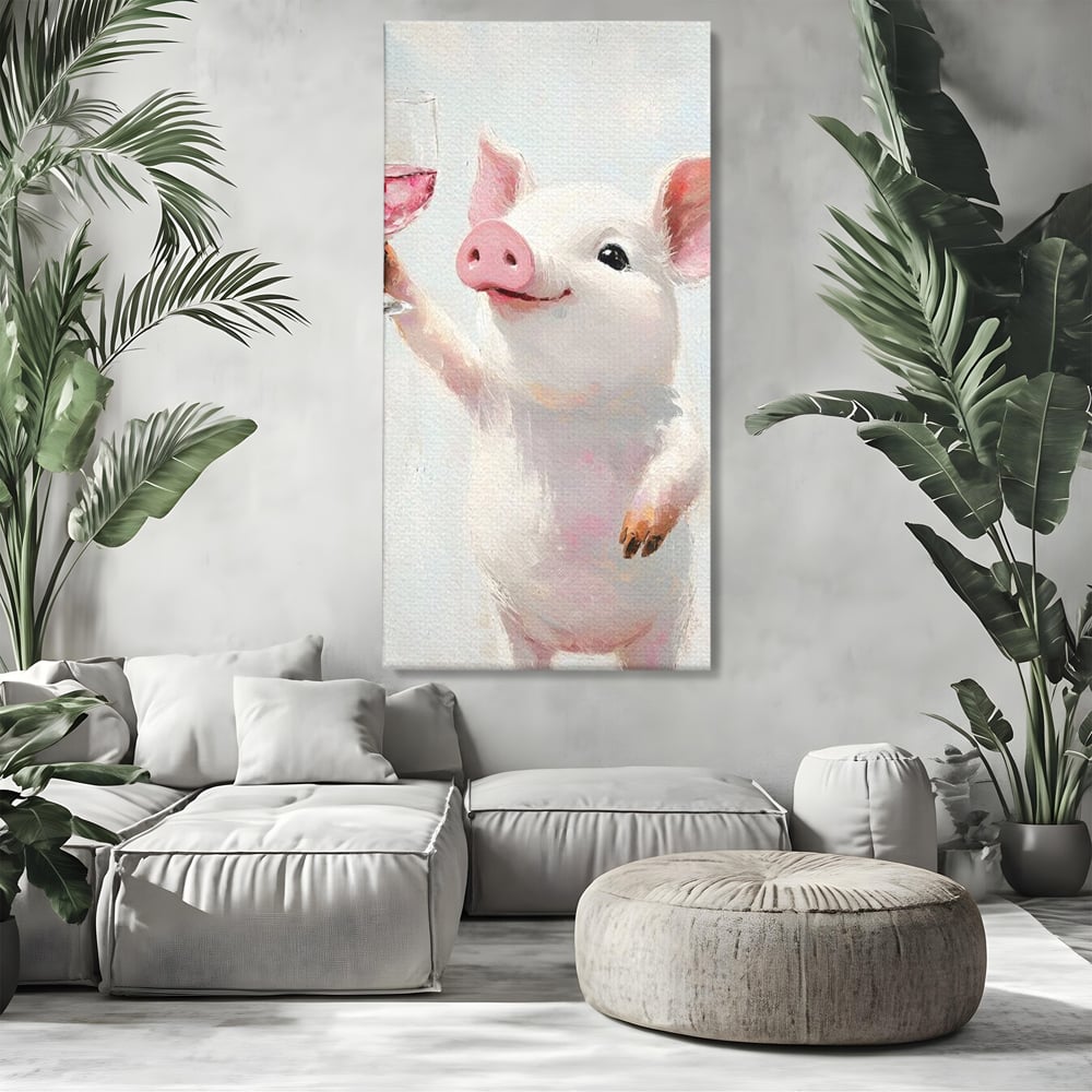 Tablou canvas cu tablou canvas cu purcelus si pahar de vin, fara rama, pe sasiu de lemn, pe perete intr-un living